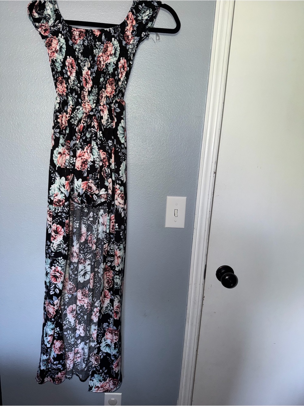 BONGO Black Floral High-Low Maxi Dress -romper with Pink and Mint Blooms
